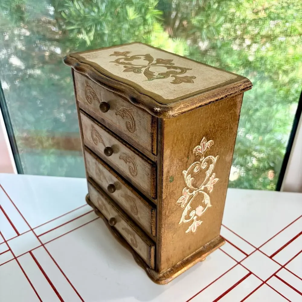 Vintage Mele Japan 4 Drawer Musical Jewelry Box Florentine Gold Red Velvet